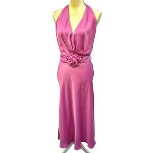 New ZARA Satin Effect Rose Sash Halter Midi Dress Pink Women Sz M